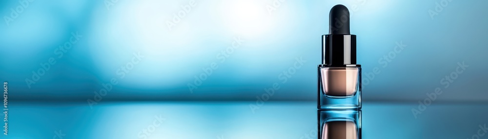 A sleek glass dropper bottle stands on a reflective surface, illuminated by a soft blue light, suggesting elegance and skincare. A sleek glass dropper bottle stands on a reflective surface, illuminated by a soft blue light, suggesting elegance and skincare.