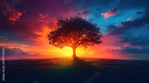 A lone tree silhouetted against a fiery sunset with vibrant pink, red, and blue clouds.