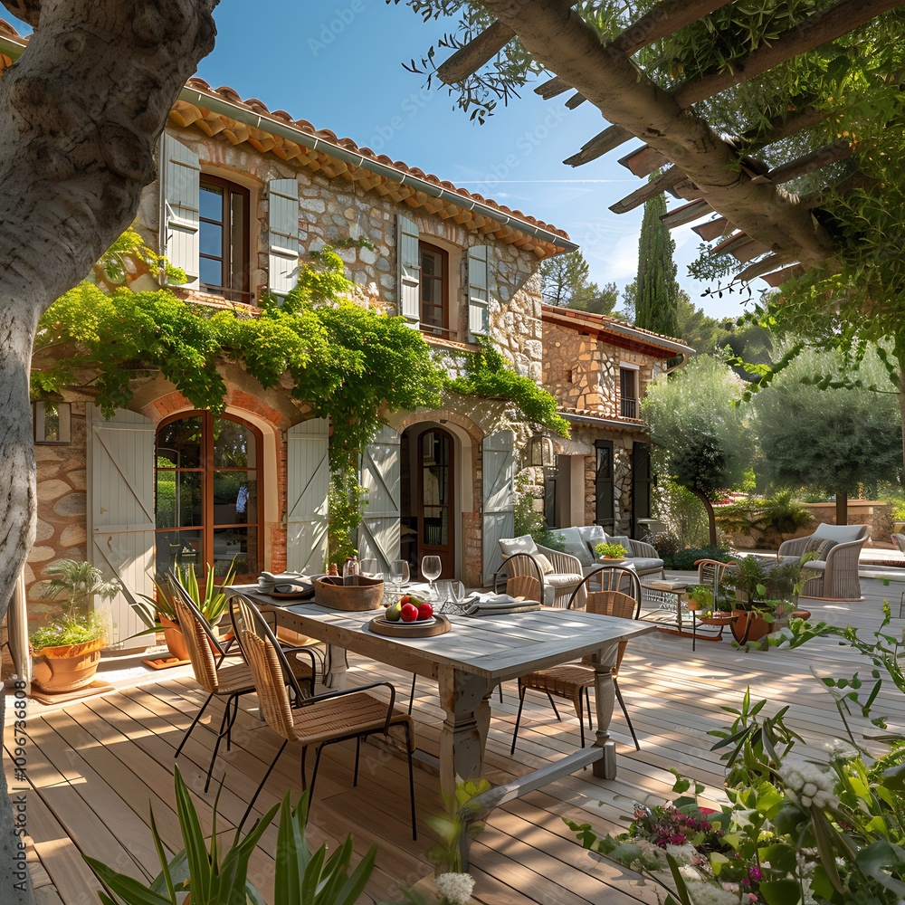 Fototapeta premium there is a table and chairs on the patio of a house