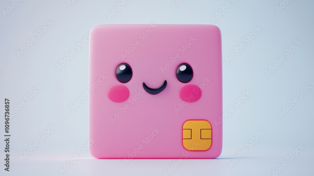 A cute pink character with a smiling face and a yellow button, resembling a friendly toy. A cute pink character with a smiling face and a yellow button, resembling a friendly toy.
