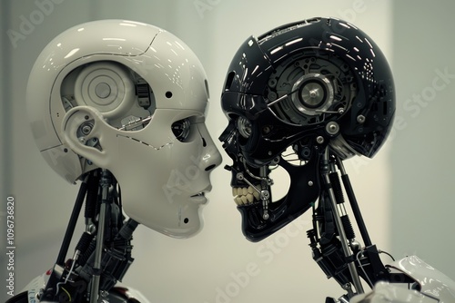 Two robots confront each other, each with their heads tilted sideways, suggesting a moment of contemplation or communication. A robot designing another robot.