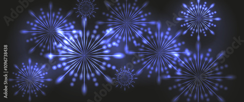 Trendy 2025 color Firework explosion background. Future dusk Firework vector background template design isolated black. New year festive backdrop.  