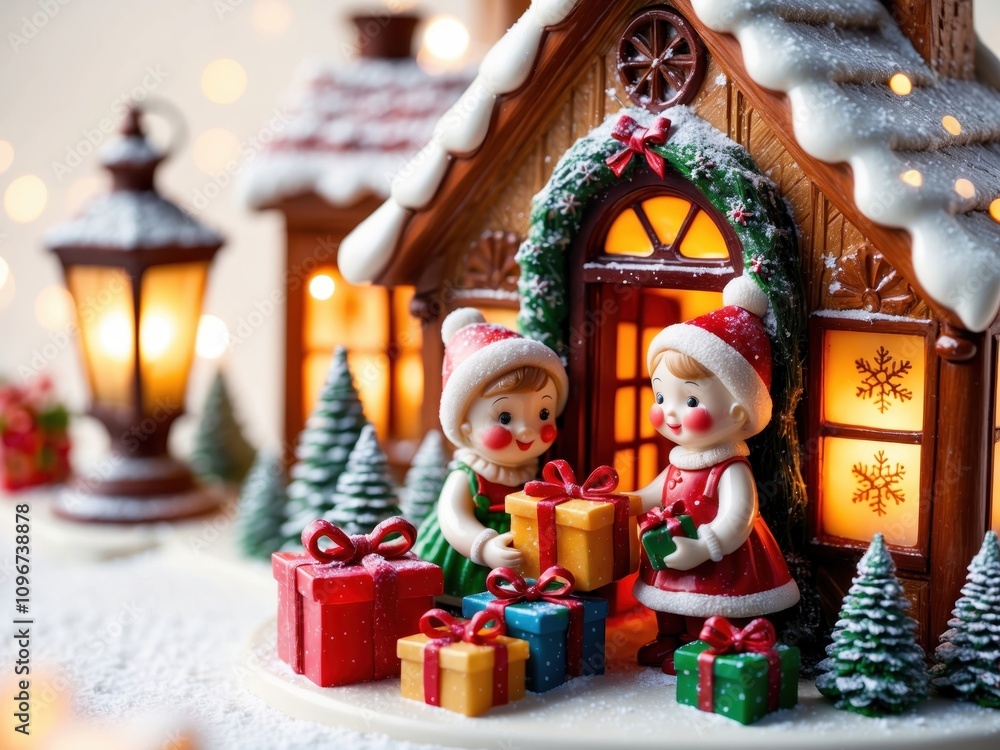 Charming wax figurines of children holding gifts near a meticulously crafted wax house, set in a festive Christmas scene with warm, glowing lights Charming wax figurines of children holding gifts near a meticulously crafted wax house, set in a festive Christmas scene with warm, glowing lights