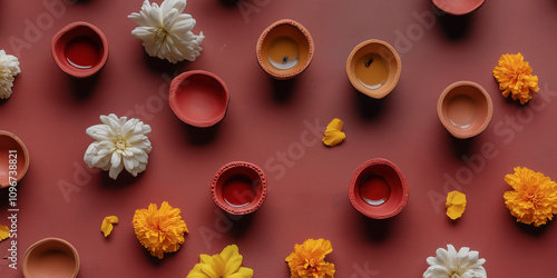 Colorful clay lamps surrounded by white and yellow marigold flowers, set on a deep red surface, embody tradition, festivity, and warmth in cultural celebrations. photo