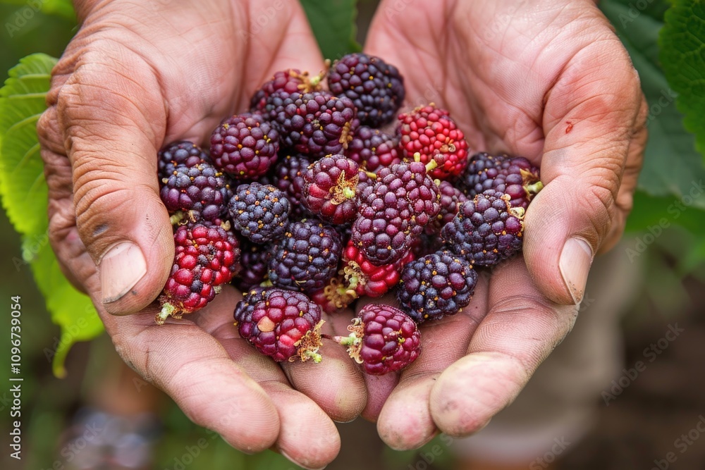 A person grasping a handful of blackberries, possibly foraging or enjoying the fruit A person grasping a handful of blackberries, possibly foraging or enjoying the fruit