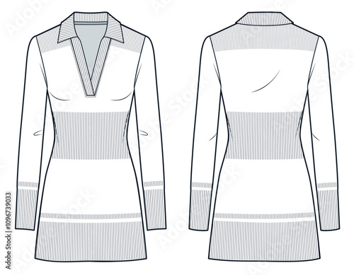 Polo Dress technical fashion illustration. Jersey mini Dress fashion flat technical drawing template, ribbed, v neck, long sleeve, slim fit, front and back view, white, women CAD mockup.