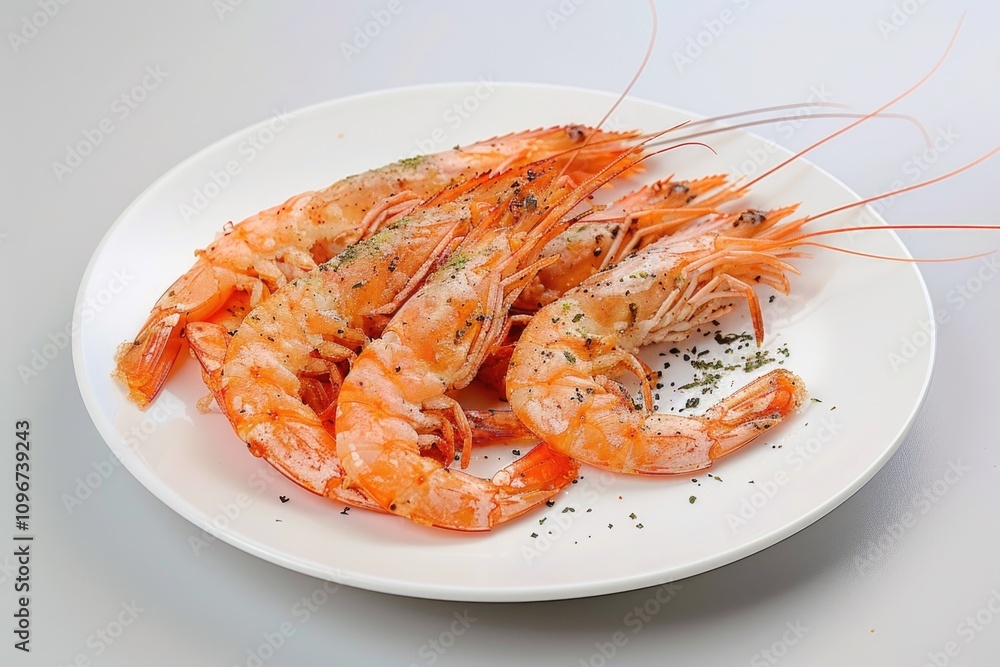 A plate of cooked shrimp served on a white table, ready for serving or garnishing A plate of cooked shrimp served on a white table, ready for serving or garnishing