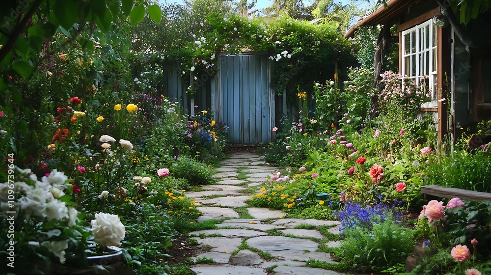there is a stone path in a garden with flowers and a shed there is a stone path in a garden with flowers and a shed