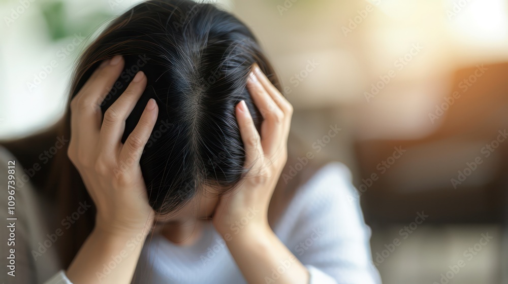 Person sitting in a dimly lit room, holding head with both hands, looking distressed. Symbolizing stress and mental strain due to a nerve disorder. Person sitting in a dimly lit room, holding head with both hands, looking distressed. Symbolizing stress and mental strain due to a nerve disorder.