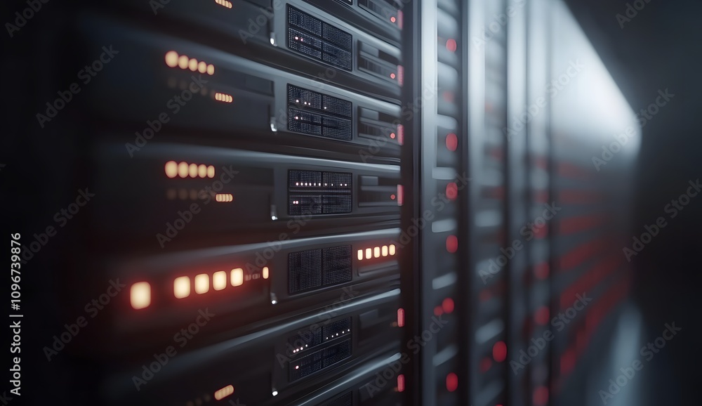 3D rendering of a row with modern computer servers in a data center room background. Concept for a mainframe, computing architectural design, or internet technology concept. 3D rendering of a row with modern computer servers in a data center room background. Concept for a mainframe, computing architectural design, or internet technology concept.