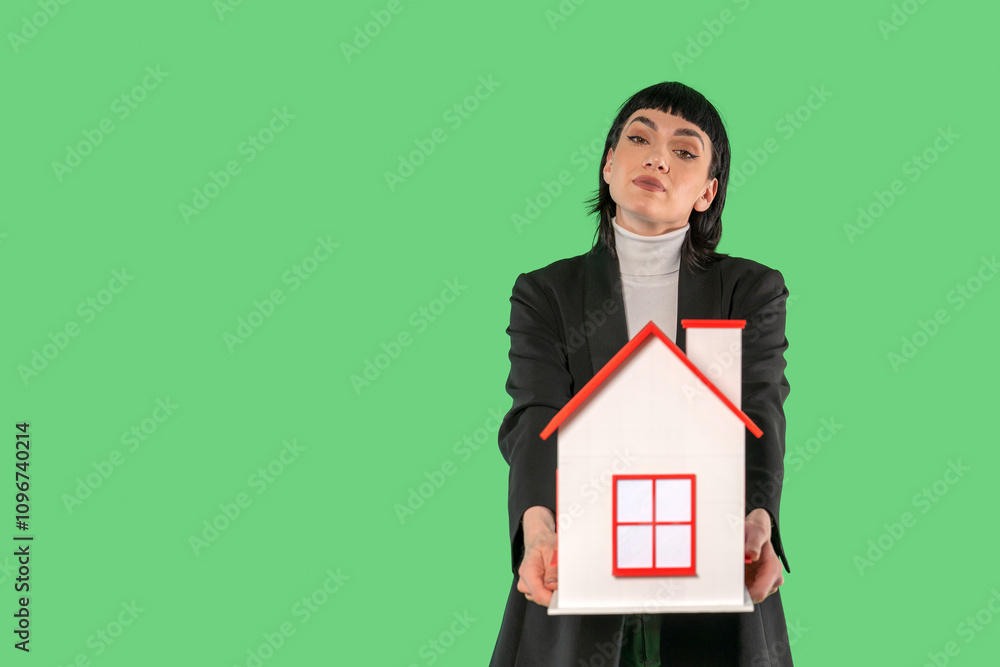 Woman presenting a model house symbolizing dreams of homeownershipagainst a bright green background in a creative setting Woman presenting a model house symbolizing dreams of homeownershipagainst a bright green background in a creative setting