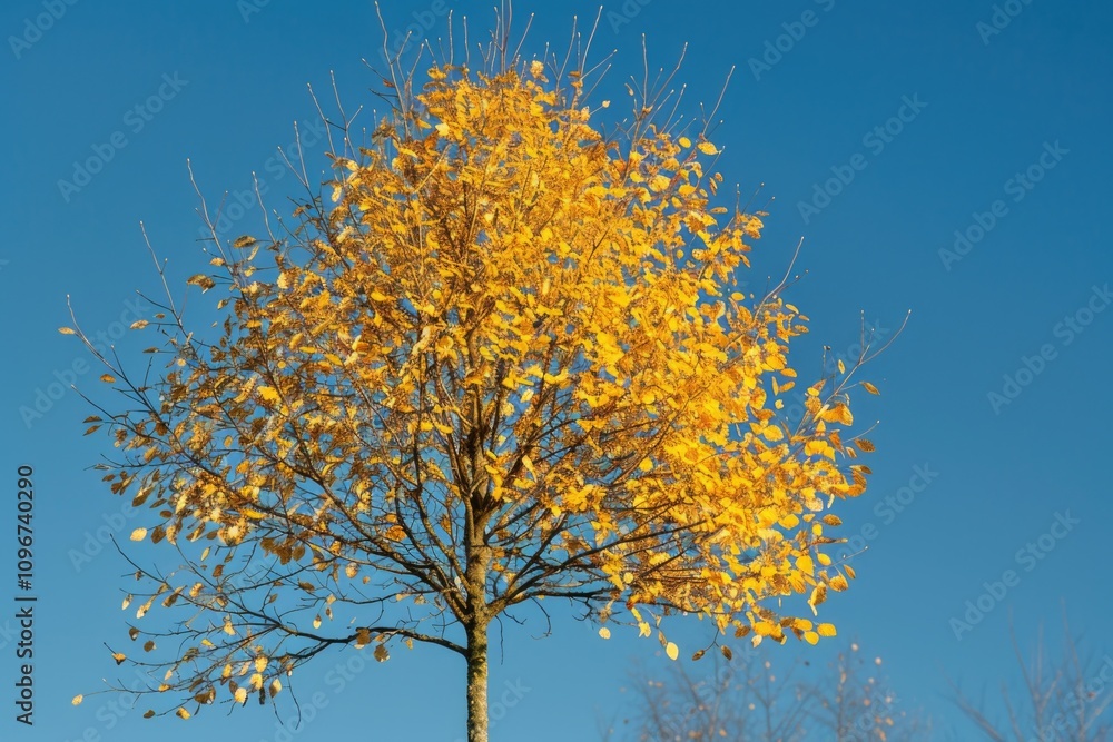 A single tree with bright yellow leaves stands out against a clear blue sky A single tree with bright yellow leaves stands out against a clear blue sky