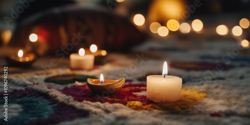 Candles lit in a cozy setting, casting a warm, inviting glow over the surroundings, creating a tranquil atmosphere perfect for relaxation and quiet reflection at night.