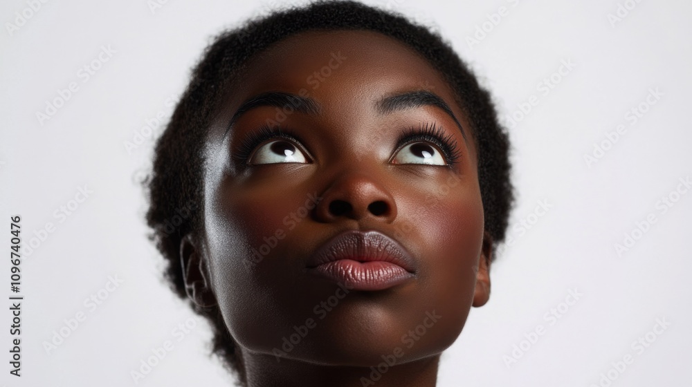 A woman with eyes closed, looking up, possibly in prayer or meditation A woman with eyes closed, looking up, possibly in prayer or meditation