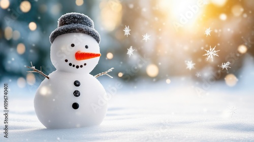 Magical Winter Snowman Surrounded by Flurrying Snowflakes