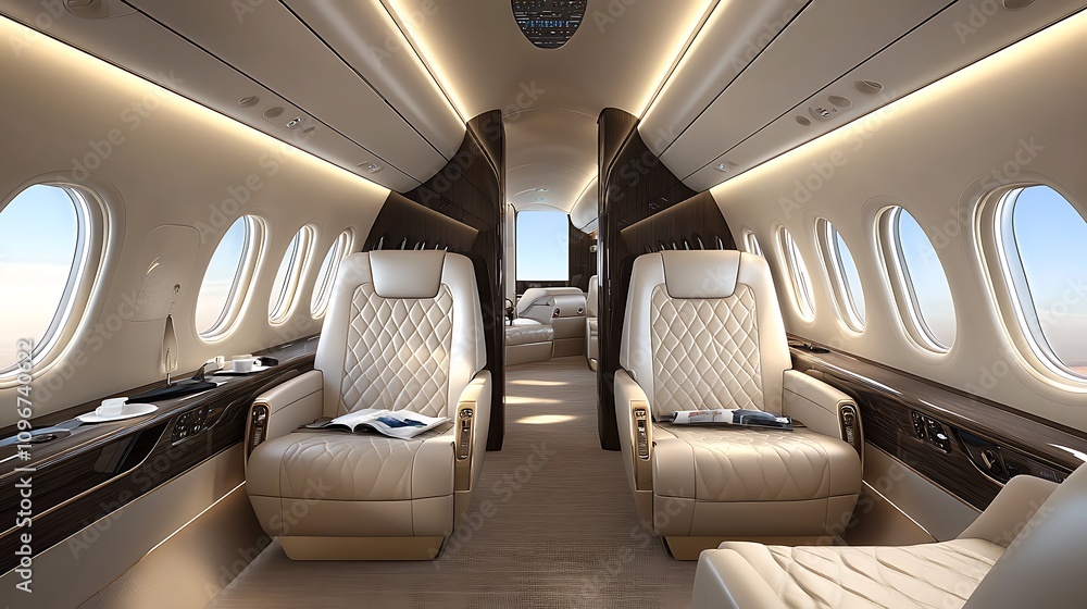 Obraz premium Luxurious interior of a private jet with plush seating and elegant design.