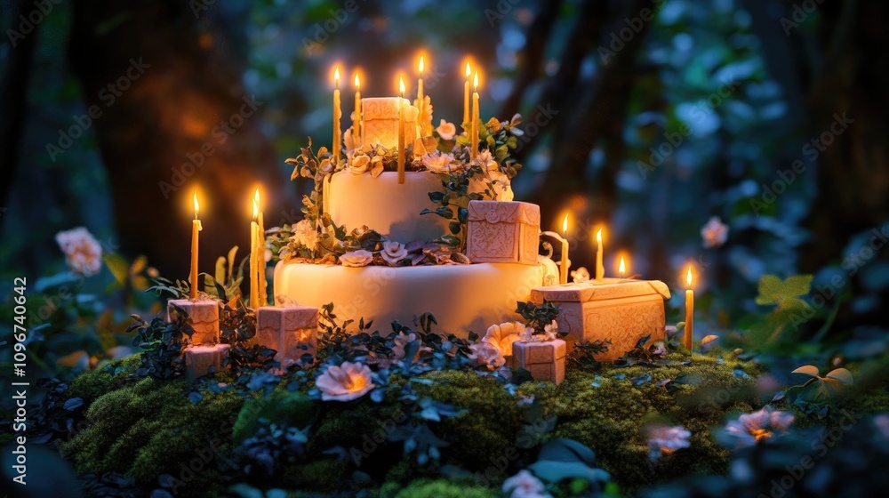 Fantasy-inspired cake with edible fairy tale elements, glowing enchanted candles, whimsical gift boxes, enchanted forest setting Fantasy-inspired cake with edible fairy tale elements, glowing enchanted candles, whimsical gift boxes, enchanted forest setting