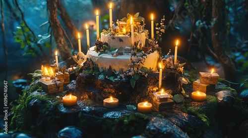 Fantasy-inspired cake with edible fairy tale elements, glowing enchanted candles, whimsical gift boxes, enchanted forest setting