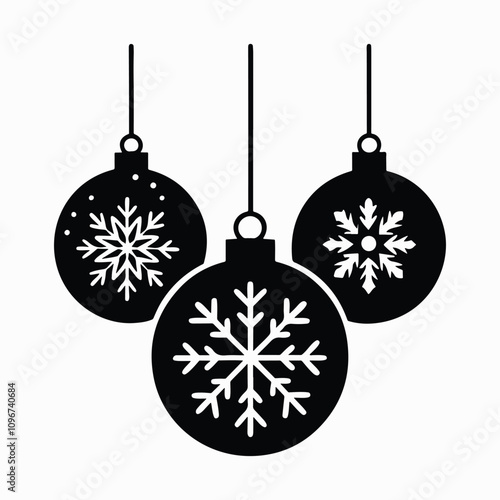 Three hanging Christmas baubles silhouette in black vector perfect for festive and holiday-themed creative designs