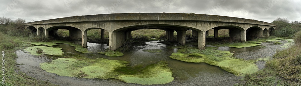 Fototapeta premium A serene view of a concrete bridge over a lush, algae-filled waterway under a moody sky.
