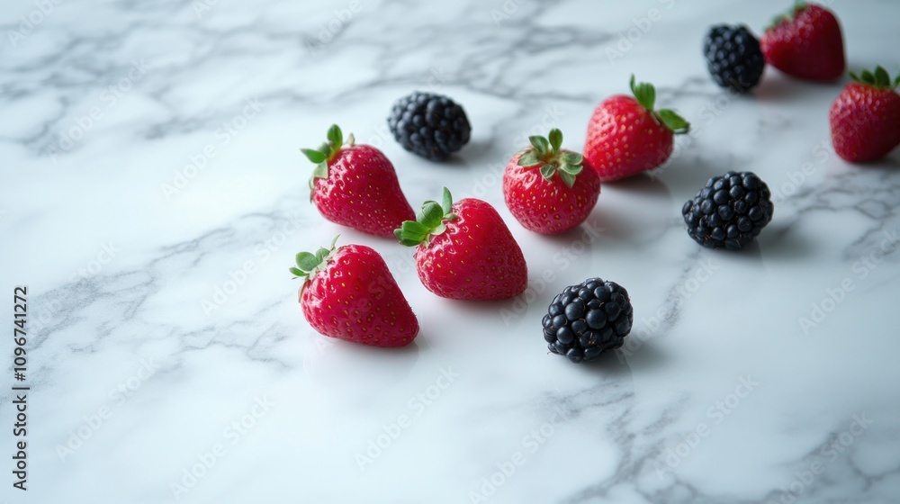 A collection of fresh strawberries and blackberries on a marble surface. A collection of fresh strawberries and blackberries on a marble surface.