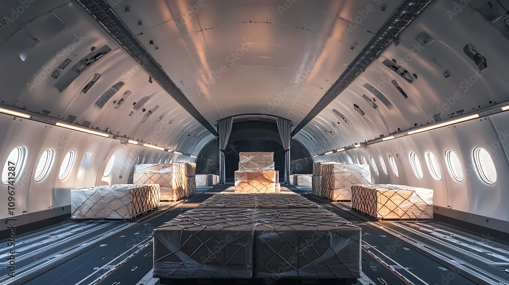 Obraz premium Interior of a cargo aircraft filled with neatly wrapped freight.