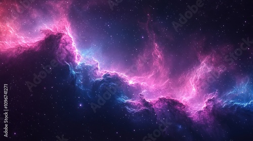 A vibrant cosmic nebula with pink and blue clouds, glowing against a backdrop of twinkling stars in a dark, mysterious space.