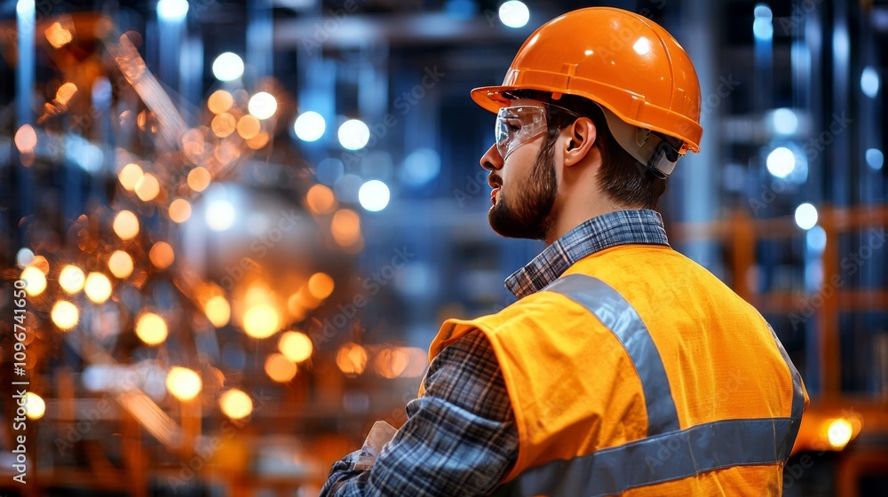 Industrial Worker in Safety Gear Operating in a Factory Environment Highlighting Workplace Safety Culture and Practices Industrial Worker in Safety Gear Operating in a Factory Environment Highlighting Workplace Safety Culture and Practices