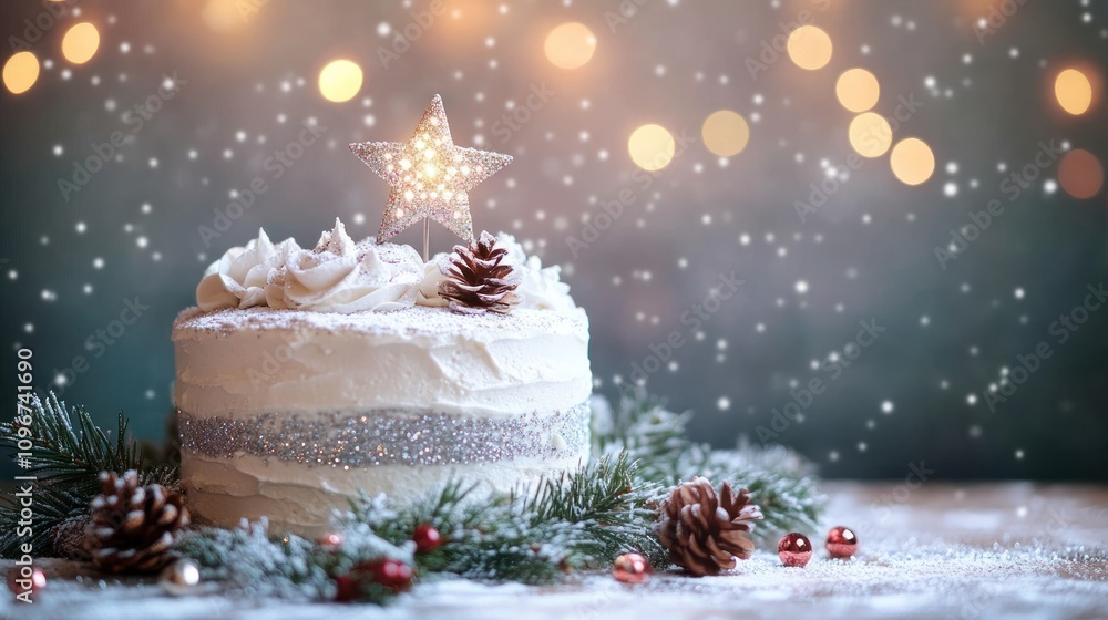 A festive cake adorned with a star and pinecones, set against a dreamy, twinkling background. A festive cake adorned with a star and pinecones, set against a dreamy, twinkling background.
