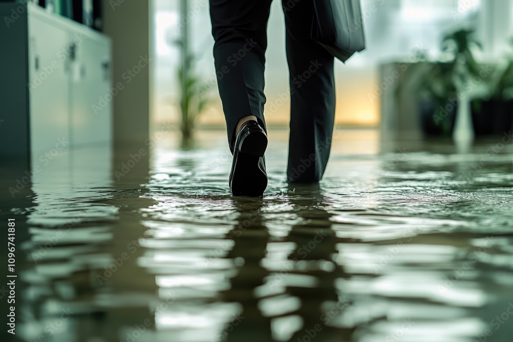 Fototapeta premium A person wading through waterlogged floors in an office setting