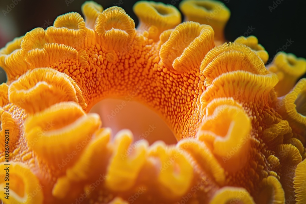 A close-up view of a bright yellow sea anemone, often found in coral reefs, A close-up view of a bright yellow sea anemone, often found in coral reefs,