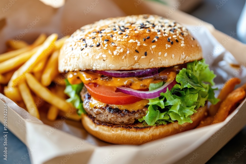 A delicious burger and crispy fries served in a wicker basket, great for outdoor picnics or casual meals A delicious burger and crispy fries served in a wicker basket, great for outdoor picnics or casual meals