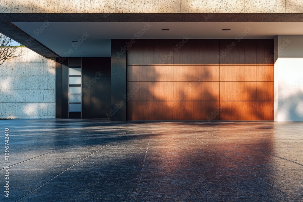Contemporary Garage Door in Elegant Suburban Home with Stylish Furniture and Bright Interior Contemporary Garage Door in Elegant Suburban Home with Stylish Furniture and Bright Interior