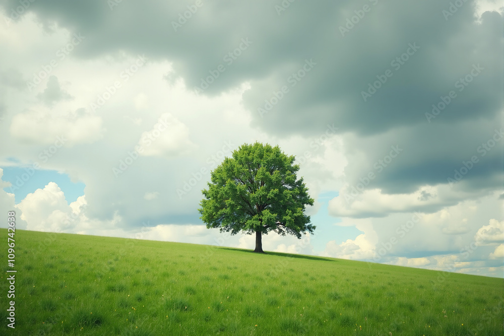 A single tree in a wide open field with dramatic clouds overhead A single tree in a wide open field with dramatic clouds overhead