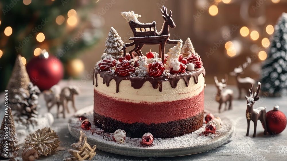 A festive cake decorated with reindeer, trees, and holiday ornaments for celebration. A festive cake decorated with reindeer, trees, and holiday ornaments for celebration.