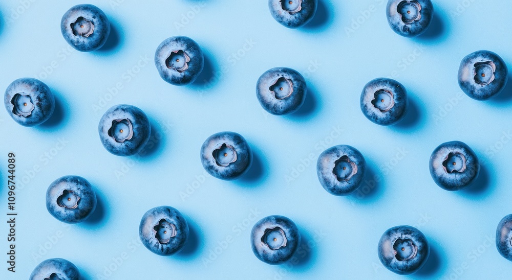 A flat lay of fresh blueberries on a light blue background, showcasing their vibrant color. A flat lay of fresh blueberries on a light blue background, showcasing their vibrant color.