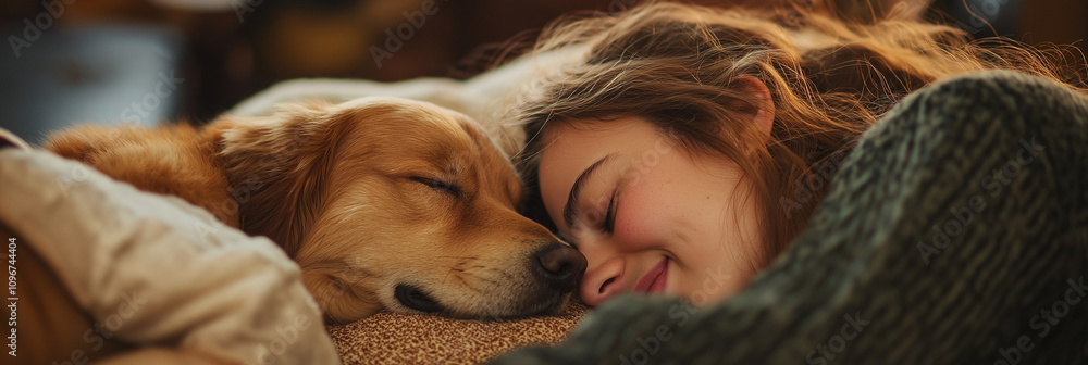 An intimate scene of a young woman snuggling with her sleeping dog, showcasing warmth, companionship, and the deep bond between humans and animals. An intimate scene of a young woman snuggling with her sleeping dog, showcasing warmth, companionship, and the deep bond between humans and animals.