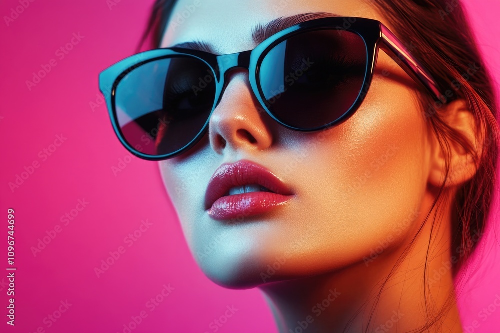 A woman wearing sunglasses on a bright pink background A woman wearing sunglasses on a bright pink background
