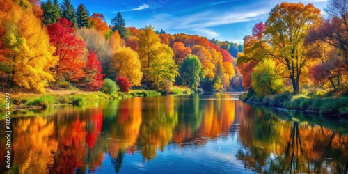 A tranquil river meanders through a vibrant autumn forest, reflecting the fiery hues of the changing leaves in its glassy surface.