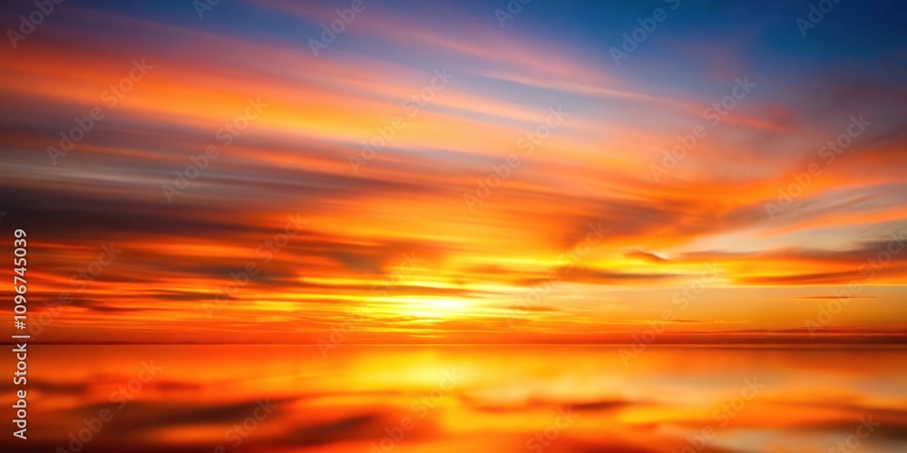 A Vivid Sunset Over a Calm Ocean, Reflected in the Water, Creating a Dramatic Sky with Layered Colors of Orange, Yellow, and Blue A Vivid Sunset Over a Calm Ocean, Reflected in the Water, Creating a Dramatic Sky with Layered Colors of Orange, Yellow, and Blue