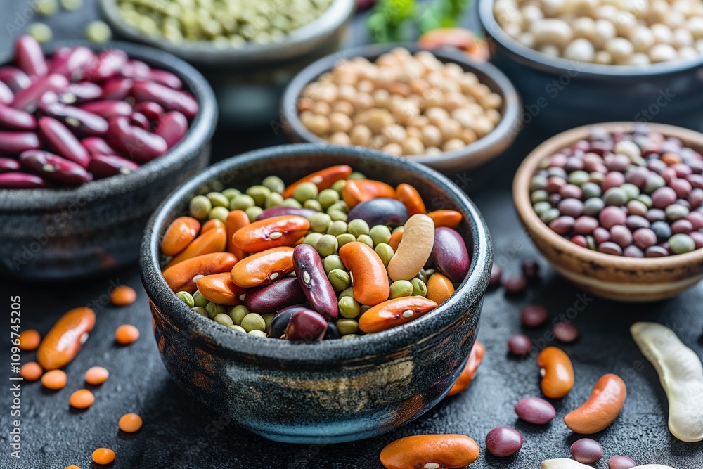 A high-resolution close-up of various beans and legumes in small bowls, showcasing their textures and colors, perfect for a nutritious diet. 32k, full ultra hd, high resolution - A high-resolution close-up of various beans and legumes in small bowls, showcasing their textures and colors, perfect for a nutritious diet. 32k, full ultra hd, high resolution -