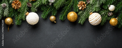 Christmas white and golden decorations and spruce tree at black. Web banner format.