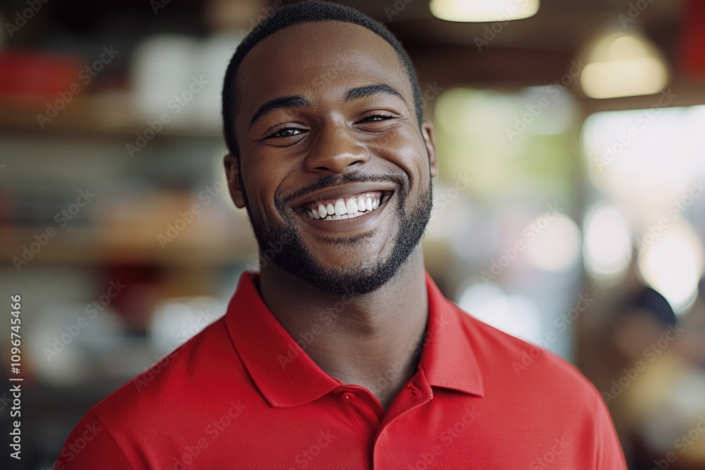 A person wearing a bright red shirt smiles directly into the camera A person wearing a bright red shirt smiles directly into the camera
