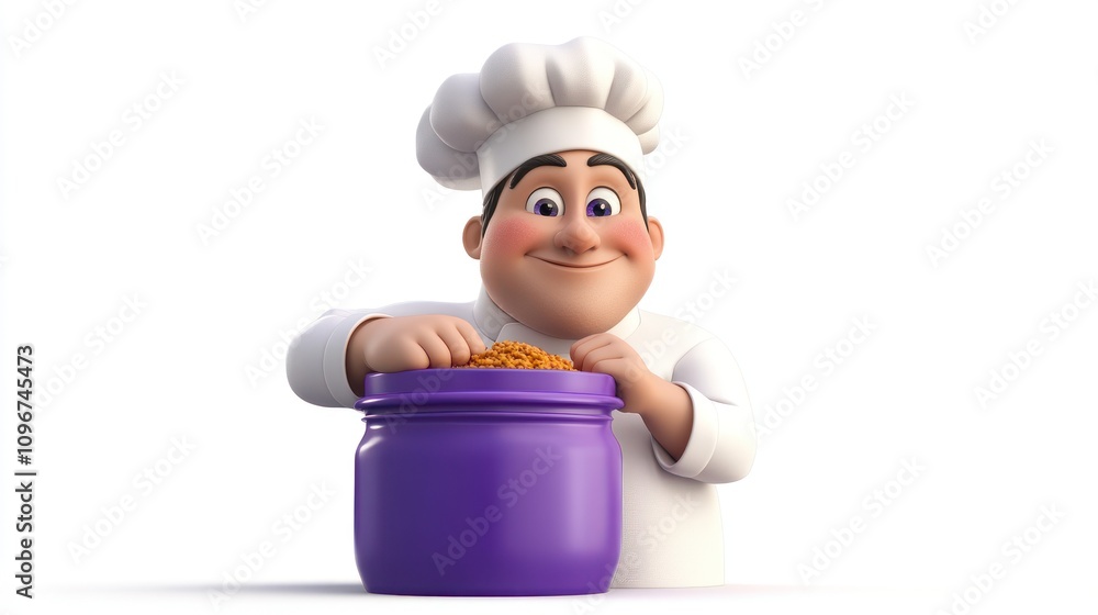 A cheerful chef joyfully prepares food from a purple container. A cheerful chef joyfully prepares food from a purple container.
