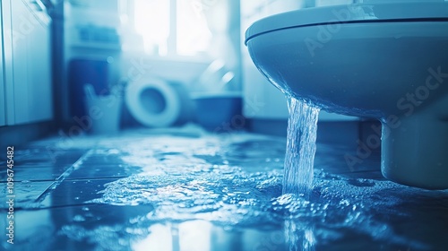 Overflowing toilet causing water to spill on the bathroom floor. AI generated image