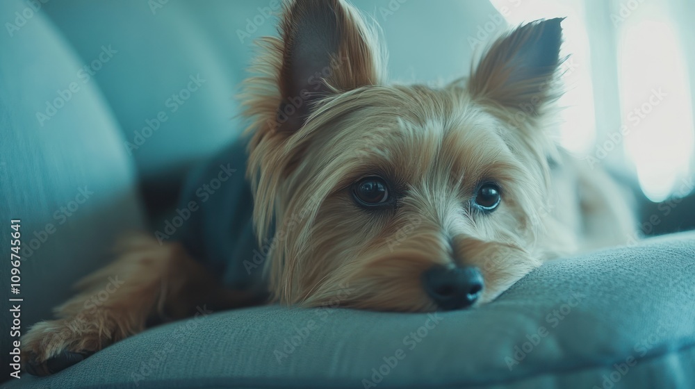 A relaxed dog resting on a couch, showcasing its calm demeanor. A relaxed dog resting on a couch, showcasing its calm demeanor.
