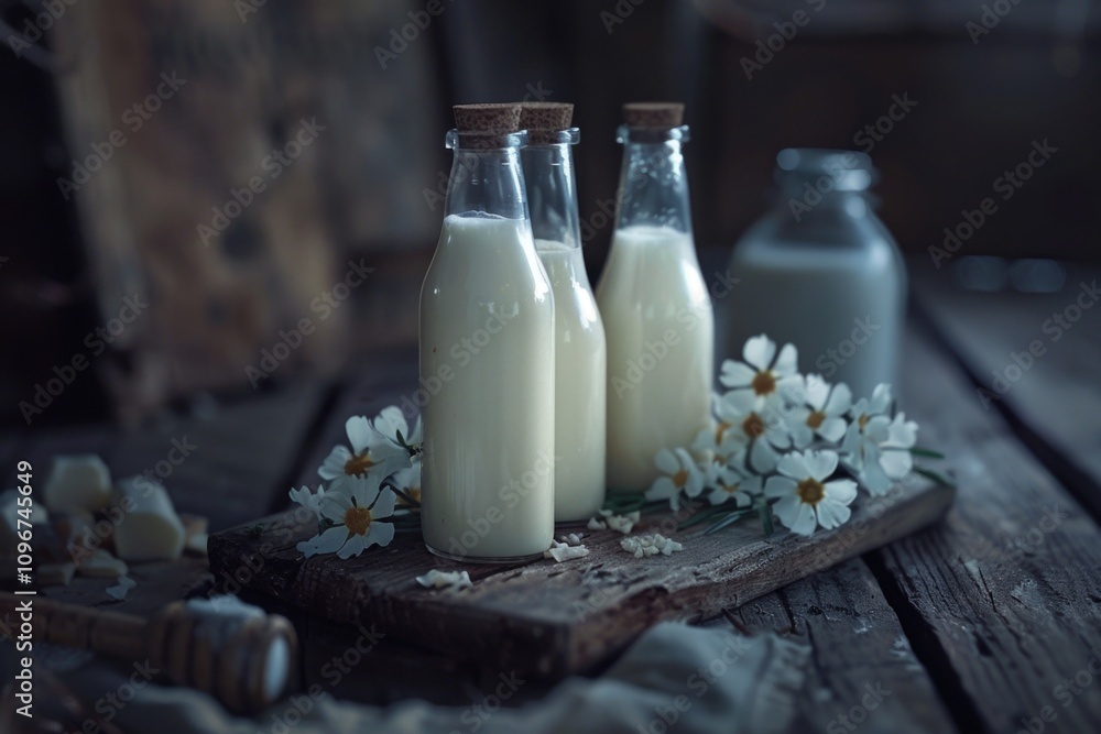 A simple still life of three milk bottles on a wooden table A simple still life of three milk bottles on a wooden table
