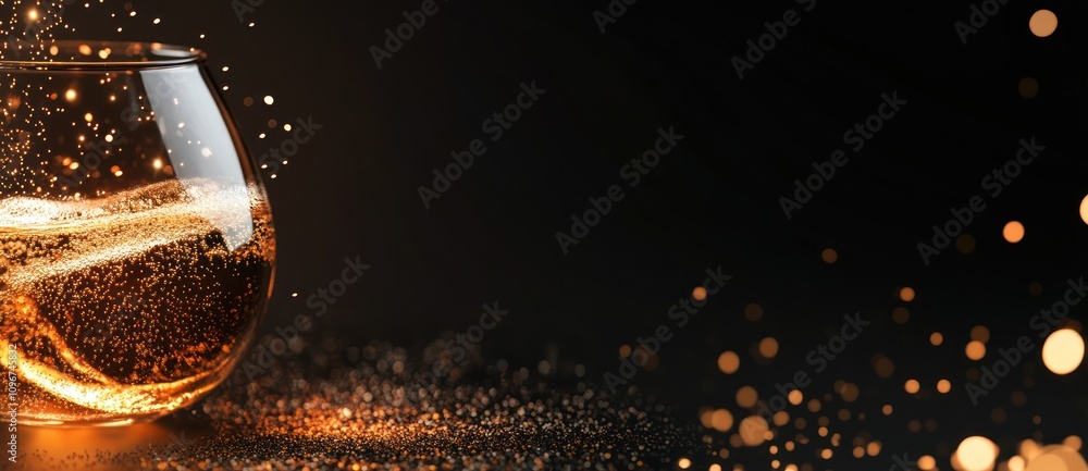 A glass filled with sparkling drink, surrounded by shimmering particles in a dark setting. A glass filled with sparkling drink, surrounded by shimmering particles in a dark setting.