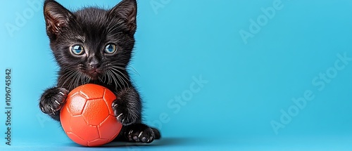 Athletic black cat kicking a soccer ball on a plain white surface 