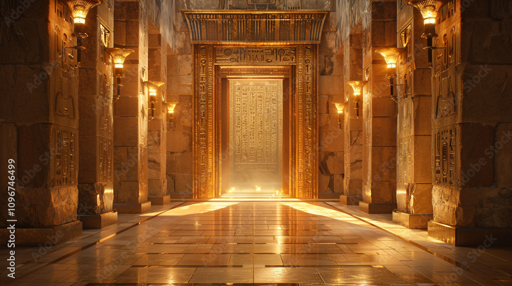 A hallway leading to an Egyptian-inspired doorway, featuring sandstone walls with intricate carvings and golden sconces casting soft light. A hallway leading to an Egyptian-inspired doorway, featuring sandstone walls with intricate carvings and golden sconces casting soft light.